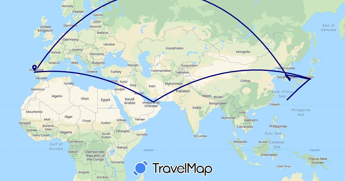 TravelMap itinerary: driving in United Arab Emirates, Japan, South Korea, Portugal (Asia, Europe)